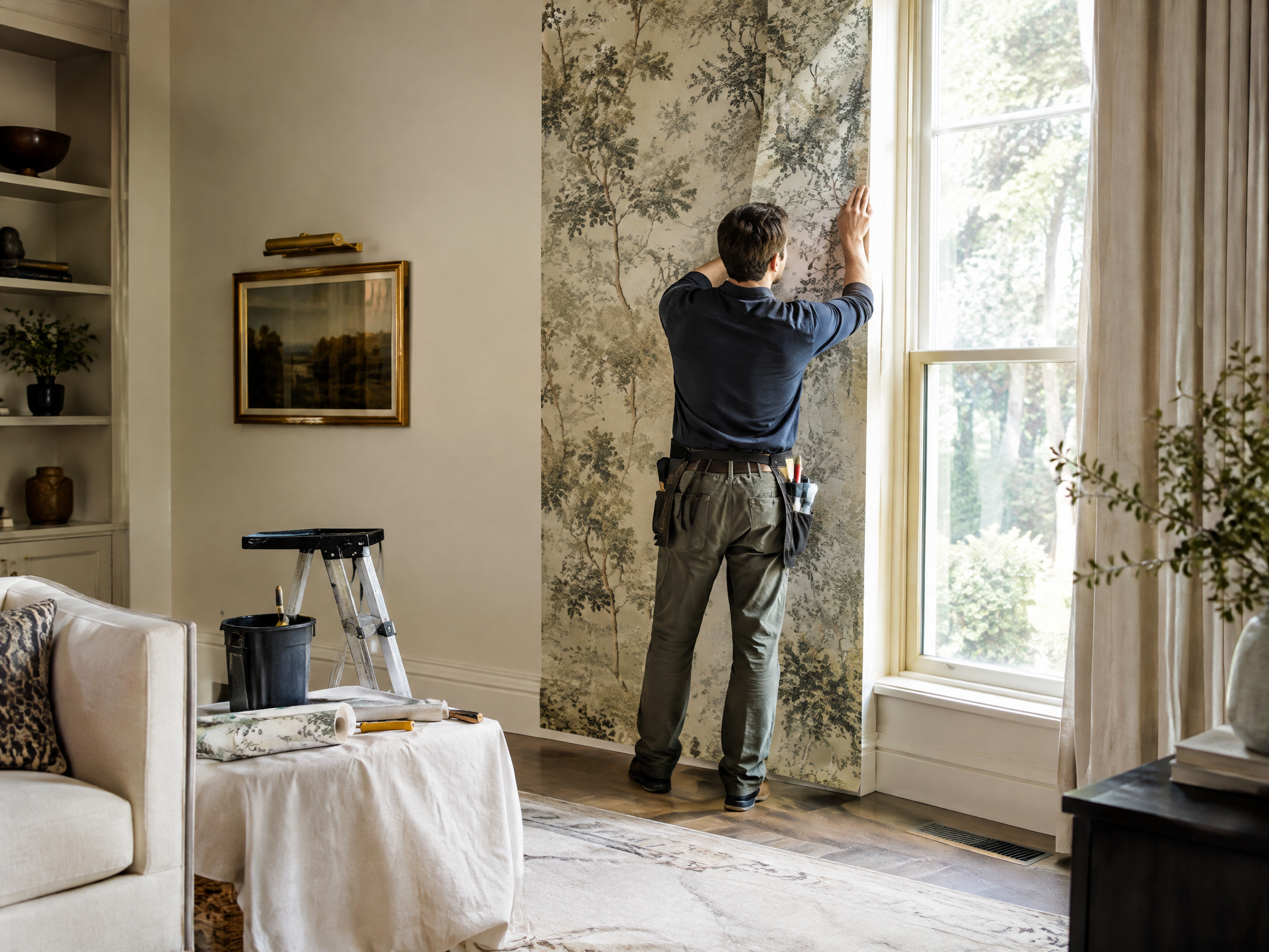 Wallpaper installer aligning a botanical wallcovering panel
